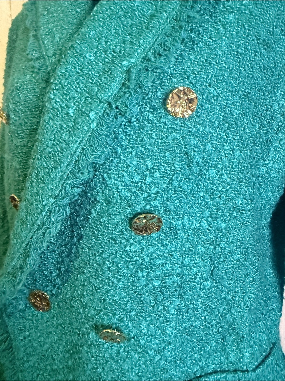 Dennis by Dennis Basso Teal Green Bouclé Tweed Double Breasted Blazer Sz 6 - Picture 6 of 8